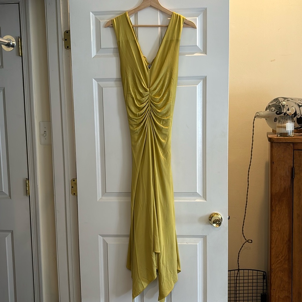 Max Mara 100% Silk Yellow Stretchy Asymmetrical Midi Dress